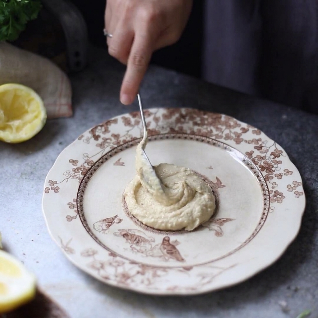 Hummus being spread and swirled into a circular pattern on a decorative patterned plate using a spoon.