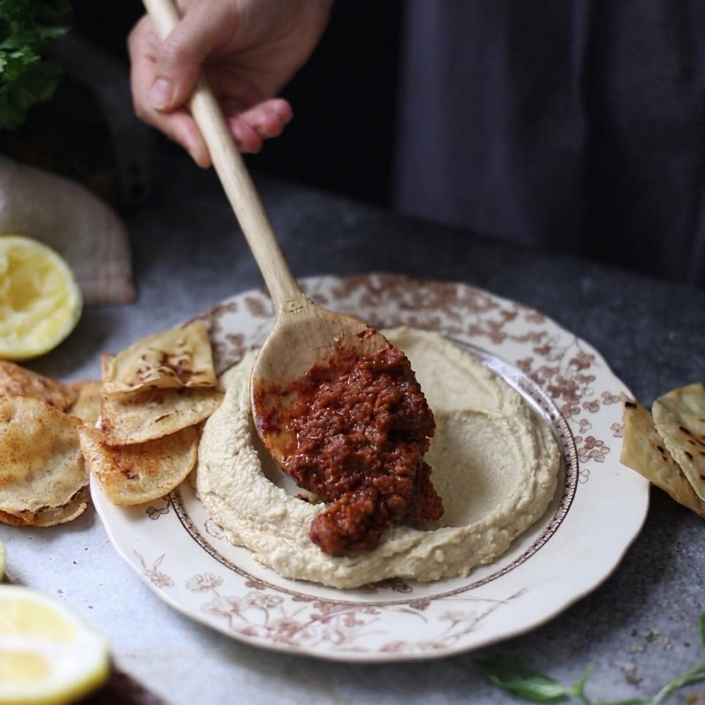 A wooden spoon placing warm cooked ground beef into the center indentation of hummus served on a plate with tortilla chips.