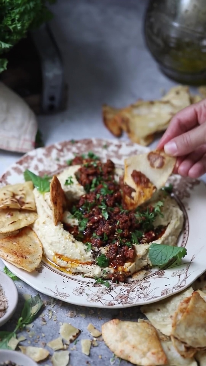 Hummus with Spiced Ground Beef and Homemade Tortilla Chips