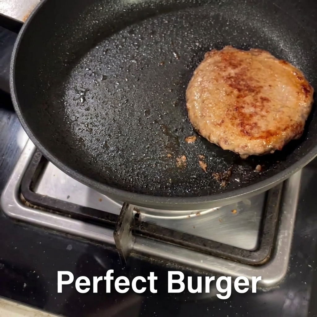 Two eggs frying in a pan next to a cooked beef patty, lightly seasoned and covered.