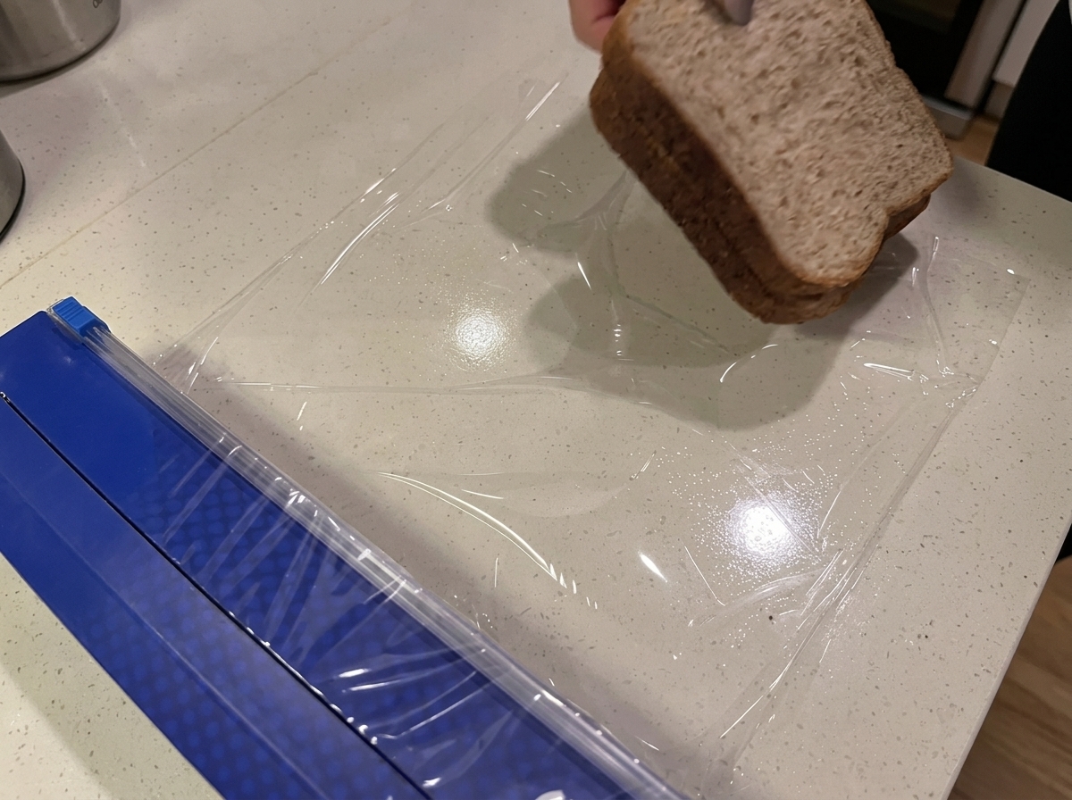 Two slices of whole wheat bread laid flat on a piece of clear plastic wrap on a kitchen counter.
