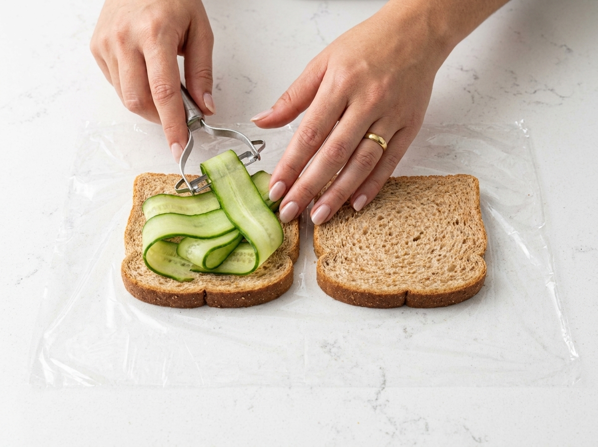 A peeler shaving thin cucumber ribbons directly onto a slice of whole wheat bread.