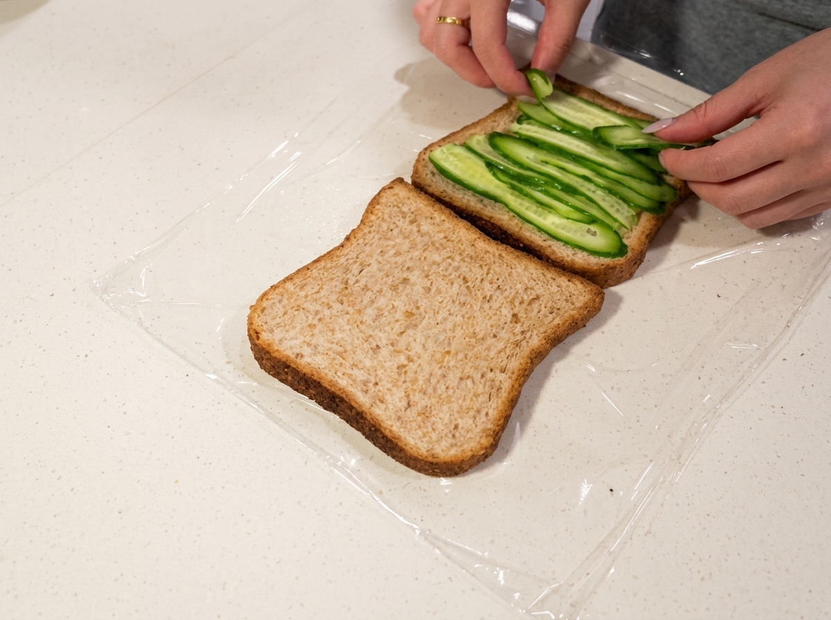 Fried eggs being placed on top of the cucumber layer on a slice of whole wheat bread.