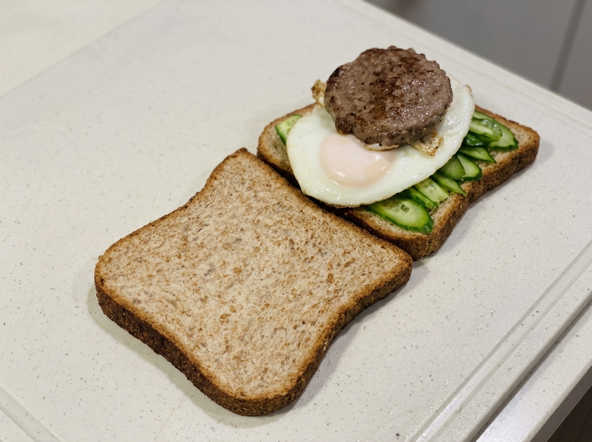 A cooked beef patty and a slice of cheese layered on top of the fried eggs and bread.