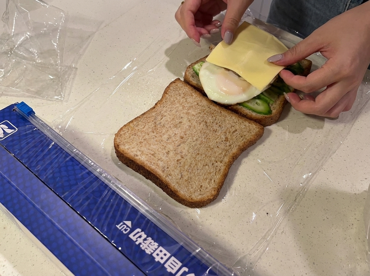 Freshly sliced tomatoes being arranged neatly on top of the cheese layer of the sandwich.