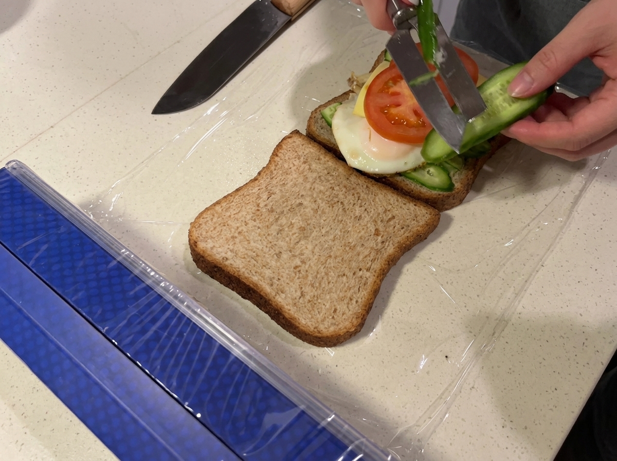 Fresh cucumber slices being shaved with a handheld tool onto the tomato layer of the sandwich.
