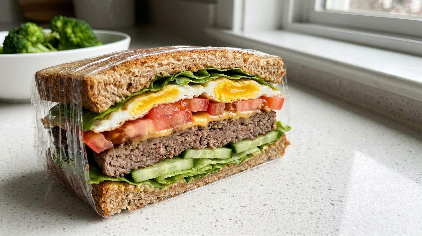 A thick-cut whole wheat sandwich packed with a beef patty, fried eggs, cheese, and crisp vegetables.