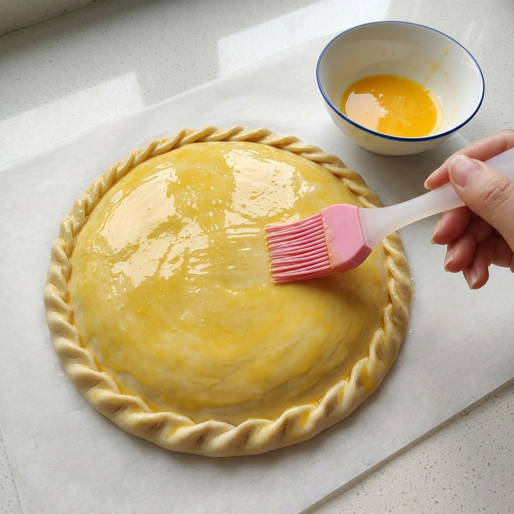 A hand using a pink silicone brush to apply yellow egg yolk wash over a sealed, crimped pastry pie on parchment paper.
