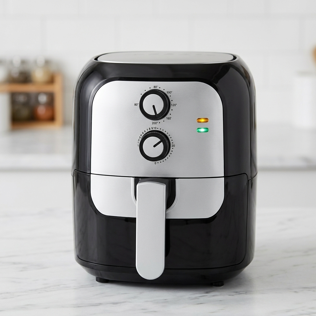 Close-up of the mechanical temperature and timer dials on a black and silver air fryer.