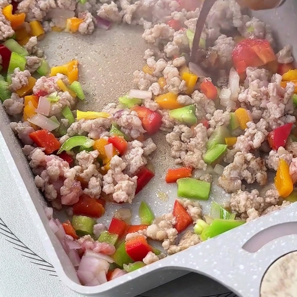 Dark soy sauce being poured onto the cooking meat and vegetable mixture in the pan.