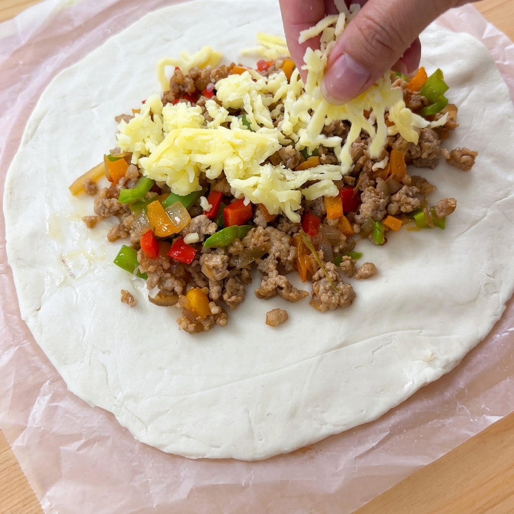 Shredded mozzarella cheese being sprinkled generously over the meat filling on the dough.