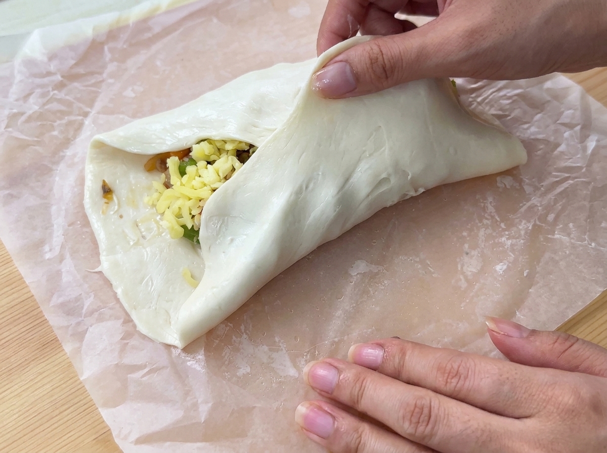 Hands folding the edges of a paratha sheet over a savory filling on parchment paper.