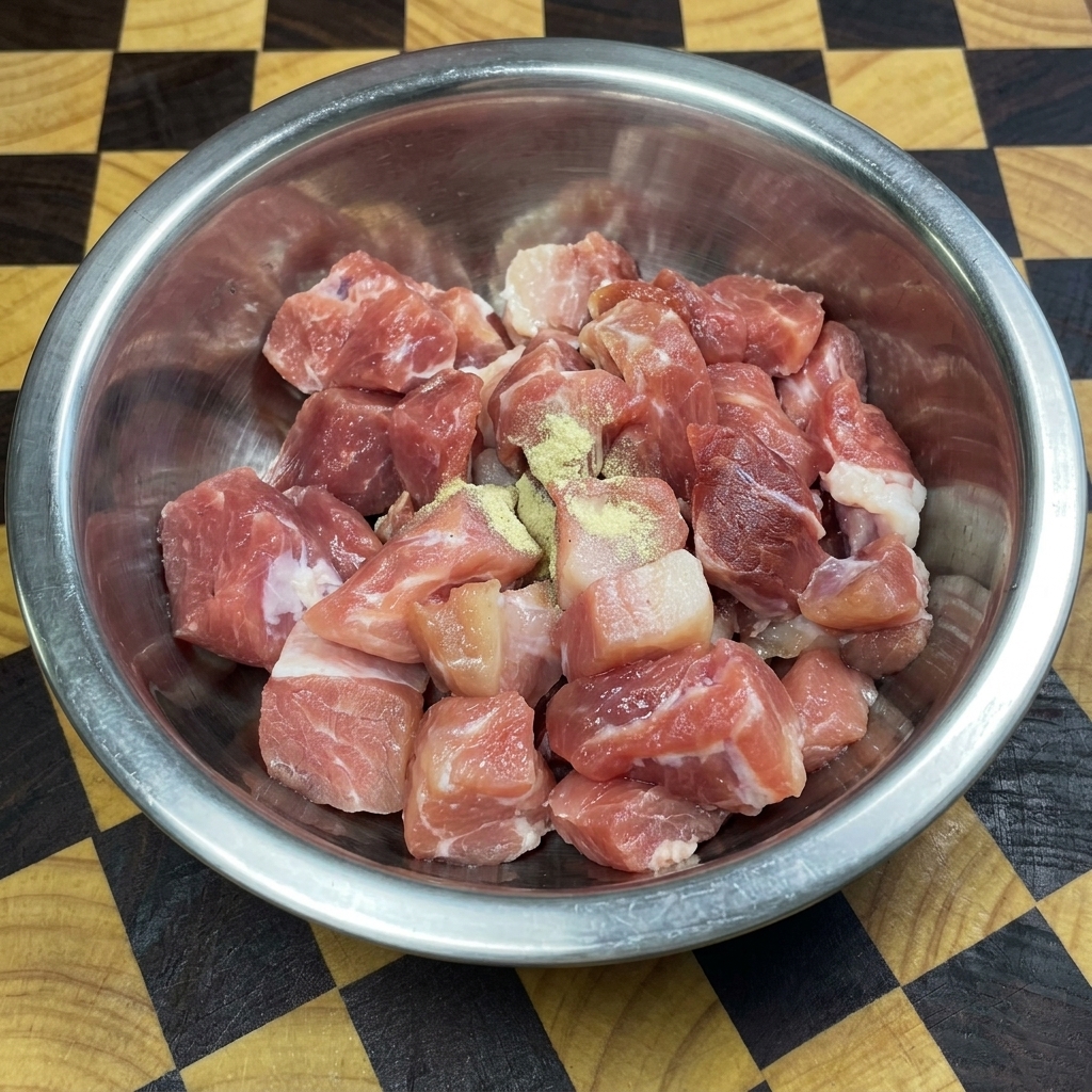 Pork cubes in a steel bowl sprinkled with white pepper, soy sauce, and other seasonings.