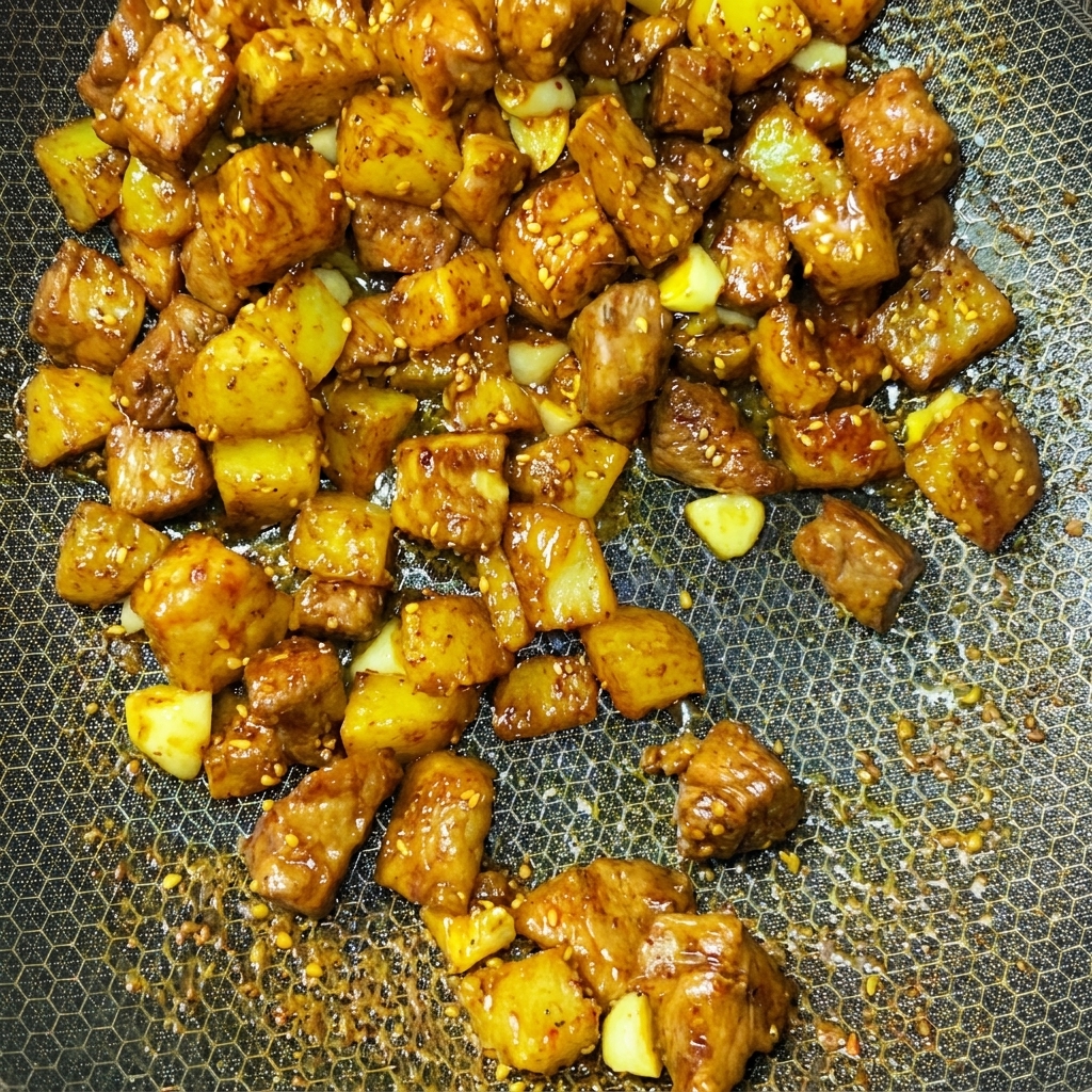Pork and potato cubes being tossed dynamically in a wok with spices.