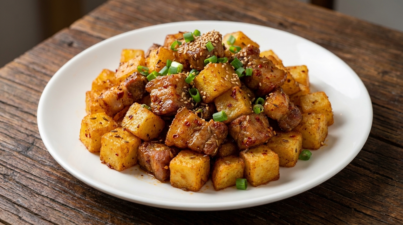 Crispy cumin barbecue pork and golden potato cubes garnished with fresh green onions.