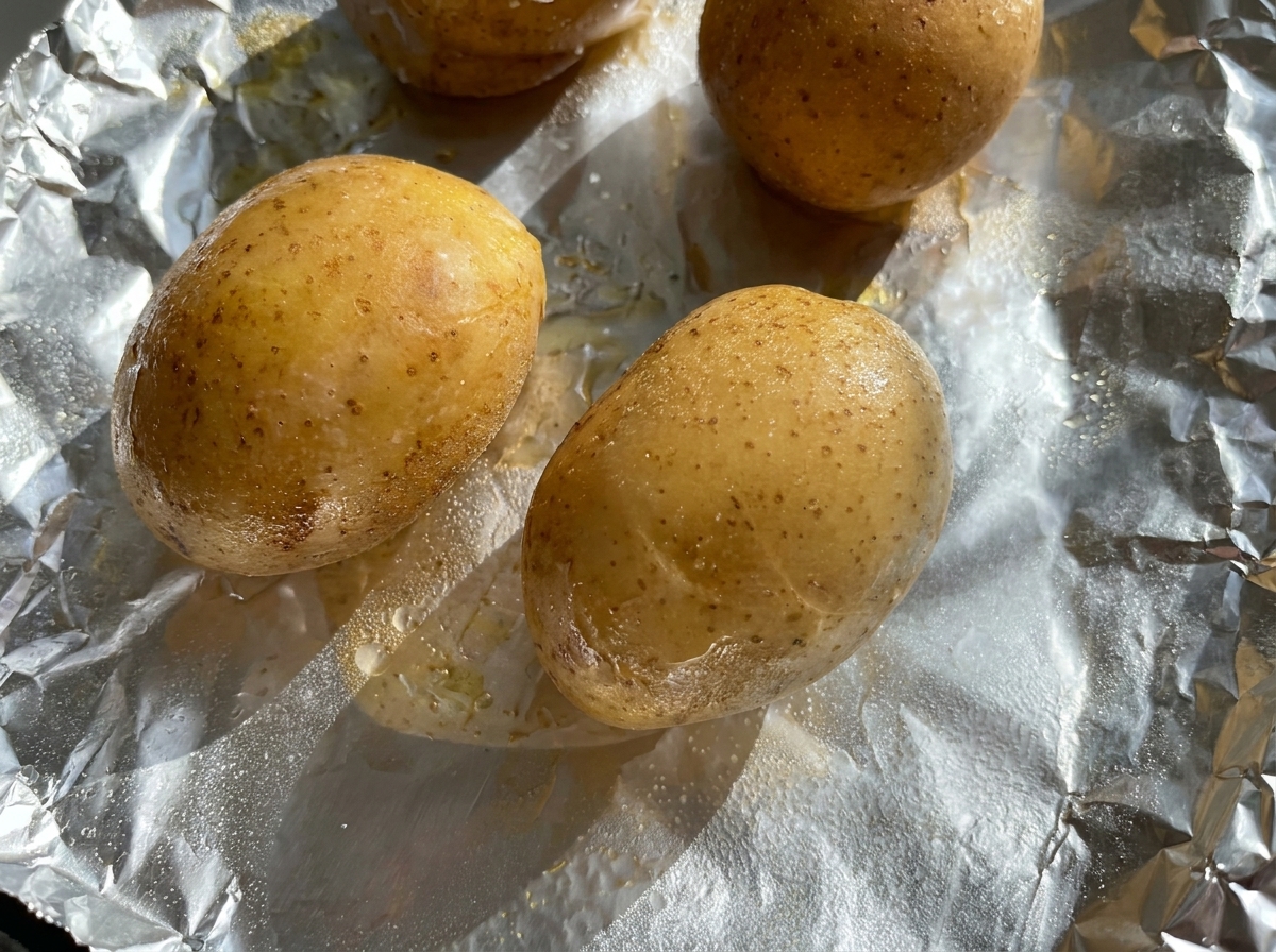 Whole potatoes coated in oil and salt, wrapped in foil on a baking tray.