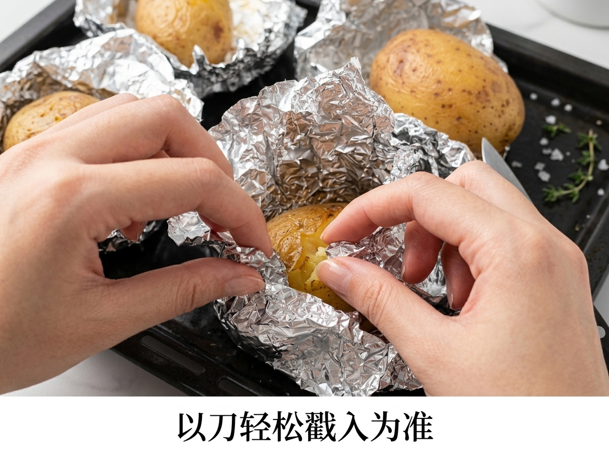 Hands peeling back aluminum foil from a baked potato on a tray to test it with a knife.