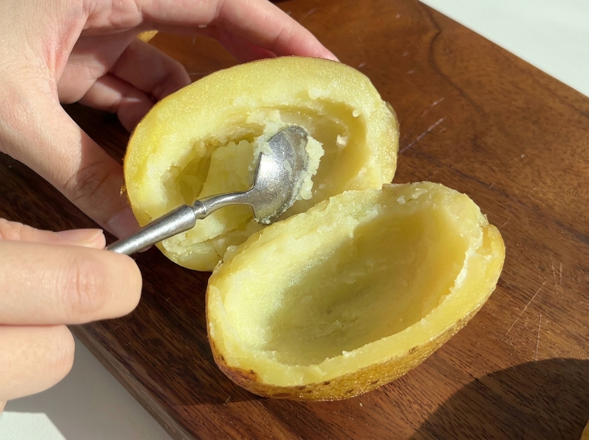 A spoon scooping the soft interior out of a halved baked potato.