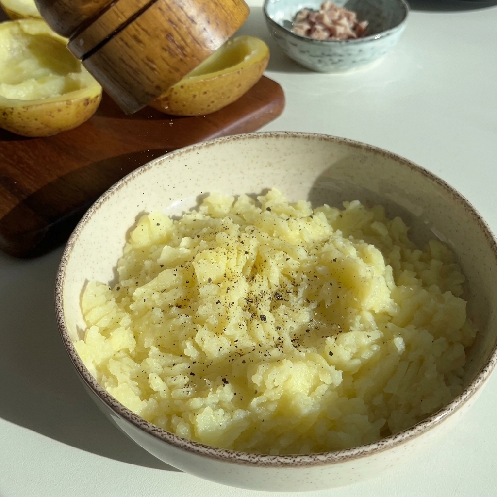 Pepper being ground over a bowl of freshly mashed potatoes with ham and cheese.