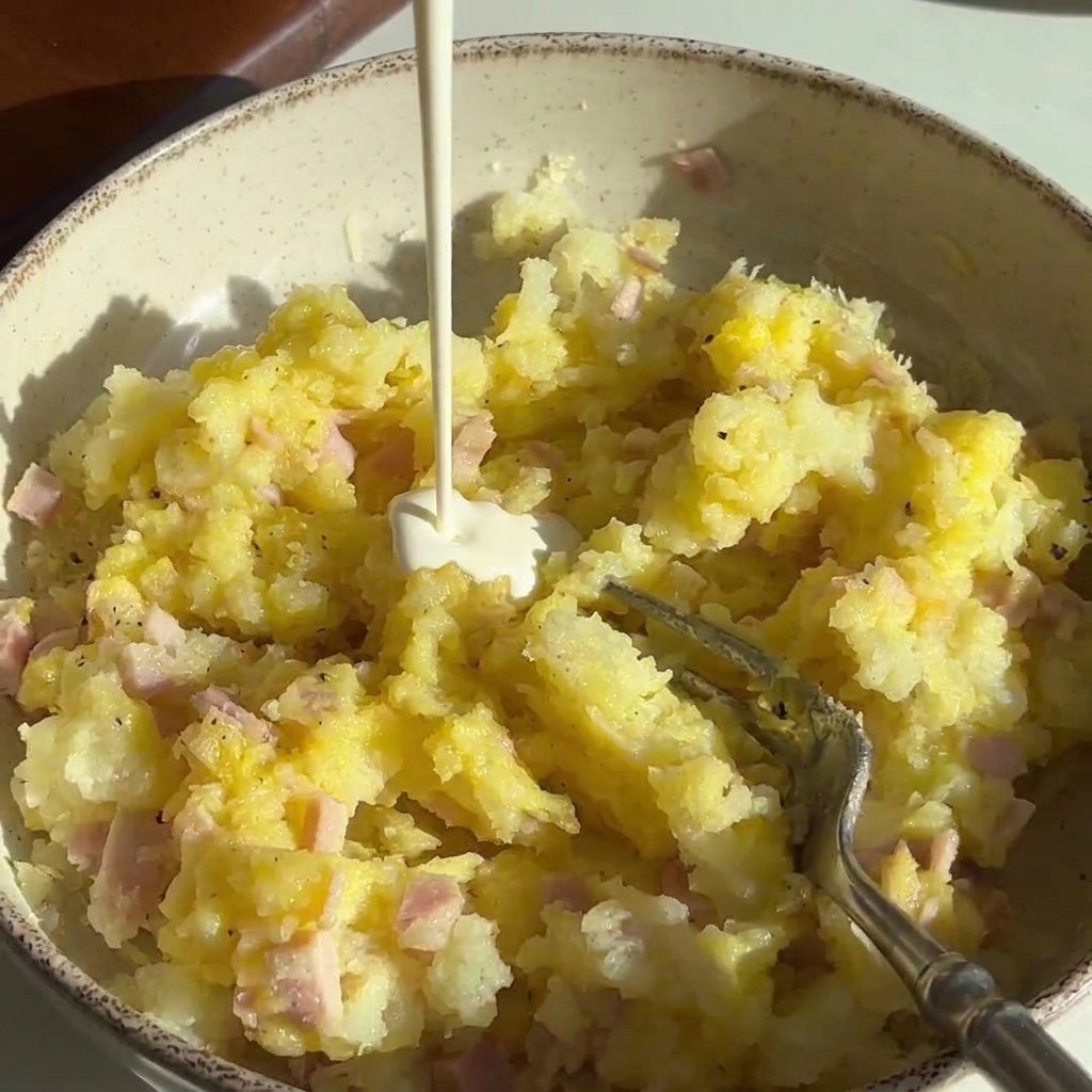 Light cream pouring into a bowl of potato mixture being mixed with a fork.
