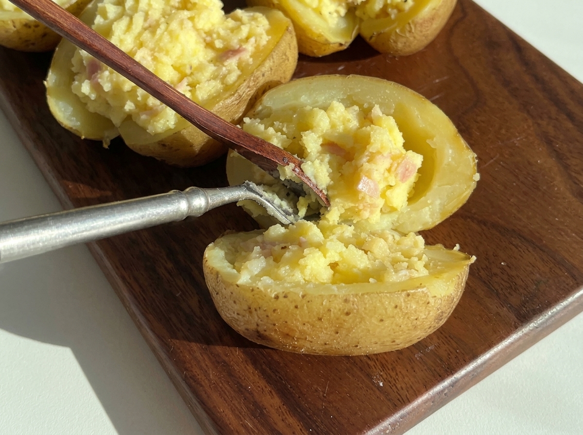 A spoon scooping seasoned potato mash into a hollowed potato half.
