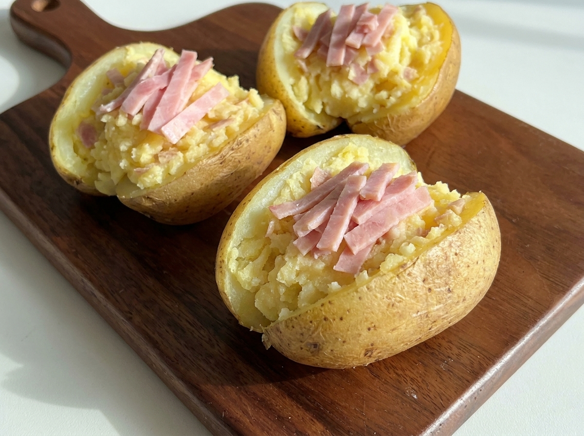 Stuffed potato halves topped with strips of ham and ready for cheese.
