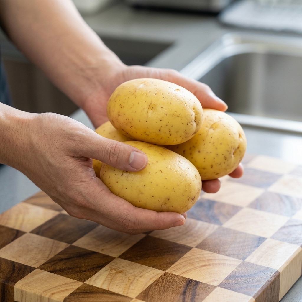 A pair of hands holding fresh raw peeled potatoes over a wooden cutting board.