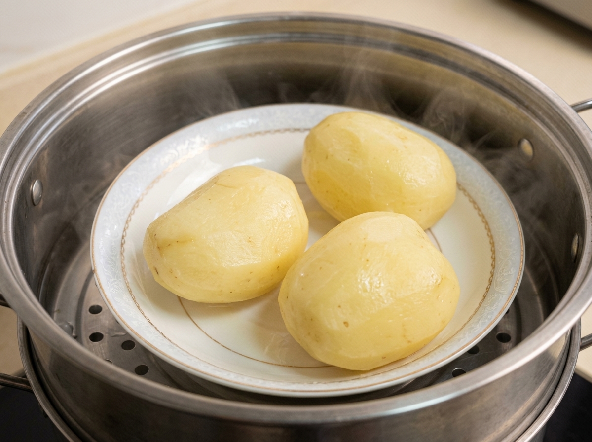 Peeled potatoes steaming on a plate inside a metal steamer pot with rising steam.