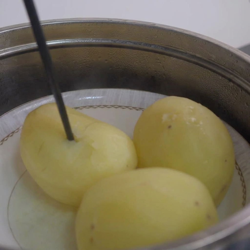 A chopstick being inserted into a steamed potato to check tenderness.