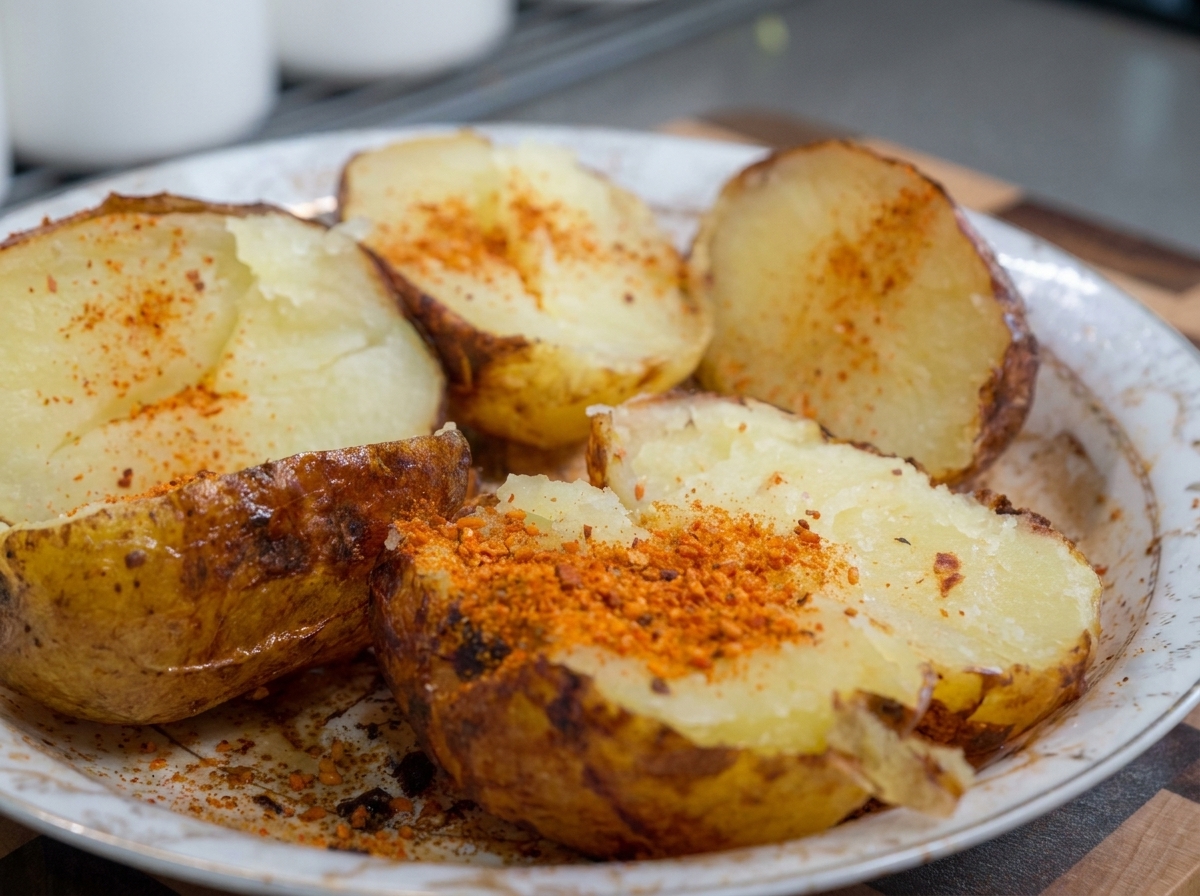 Red barbecue seasoning powder being sprinkled with a spoon onto the soft interior surfaces of baked potato halves arranged on a plate.