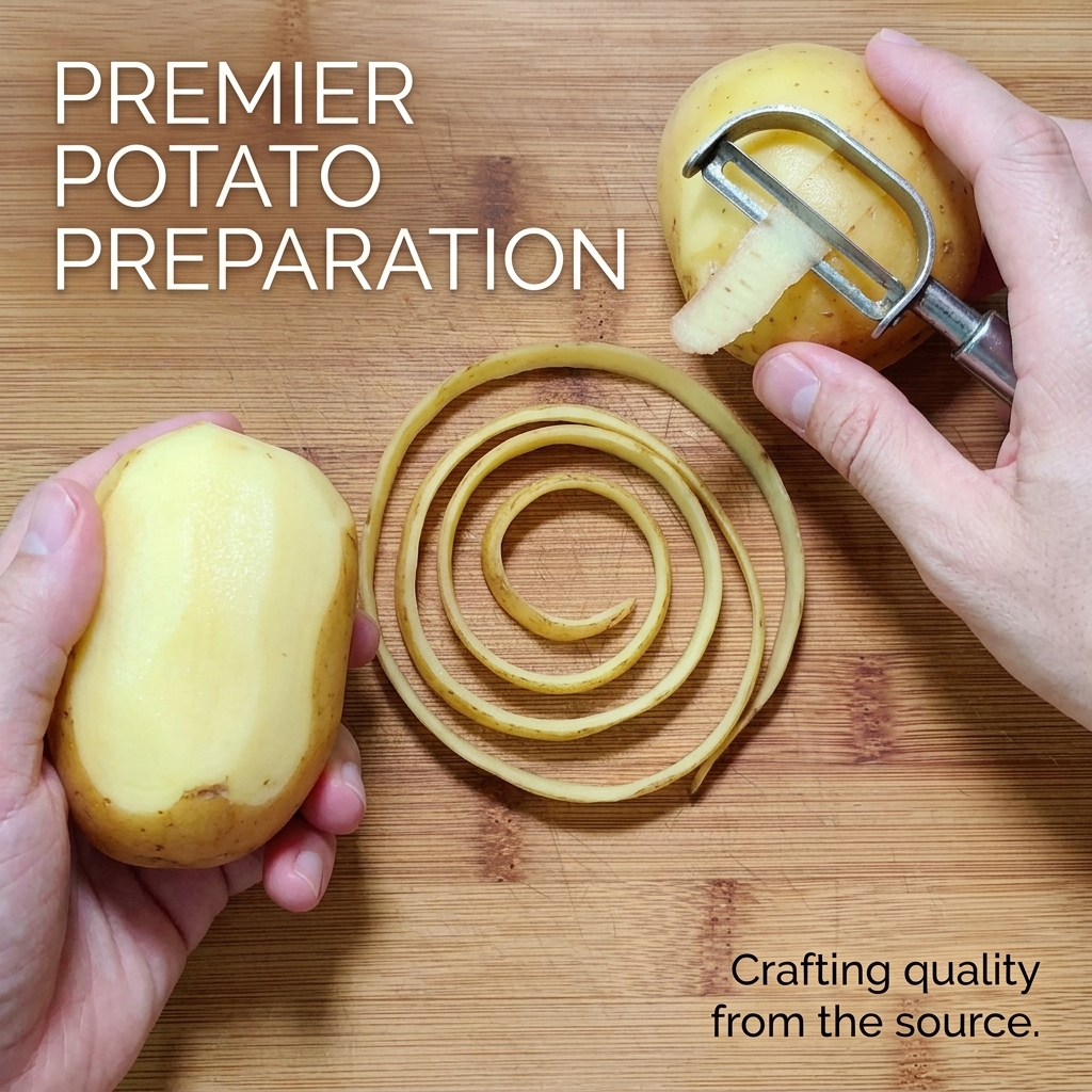 A pair of hands peeling a raw potato with a metal peeler on a wooden cutting board.