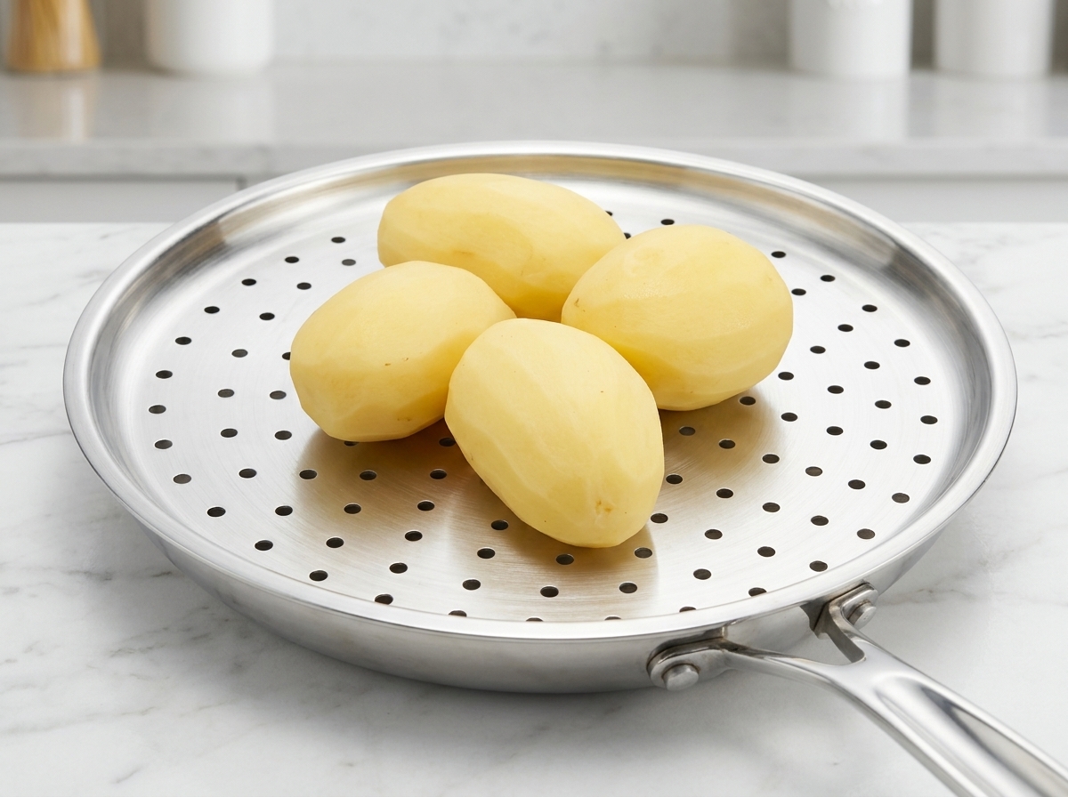 Four peeled whole potatoes sitting inside a stainless steel steamer basket.