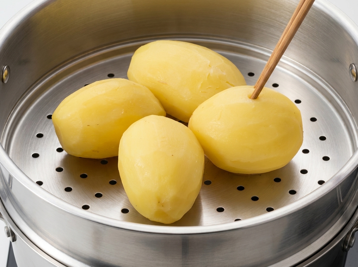 A wooden chopstick poking into a soft steamed potato inside a metal pot.