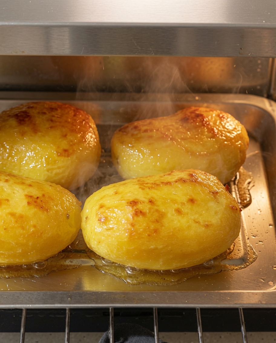 Metal tongs flipping baked potatoes inside a hot oven tray.