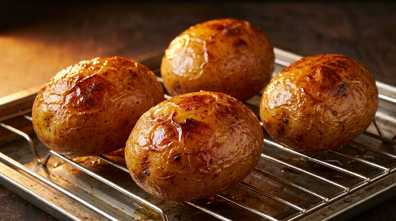 Four deeply golden-brown, whole roasted potatoes with perfectly blistered, crispy skins resting on a metal rack.