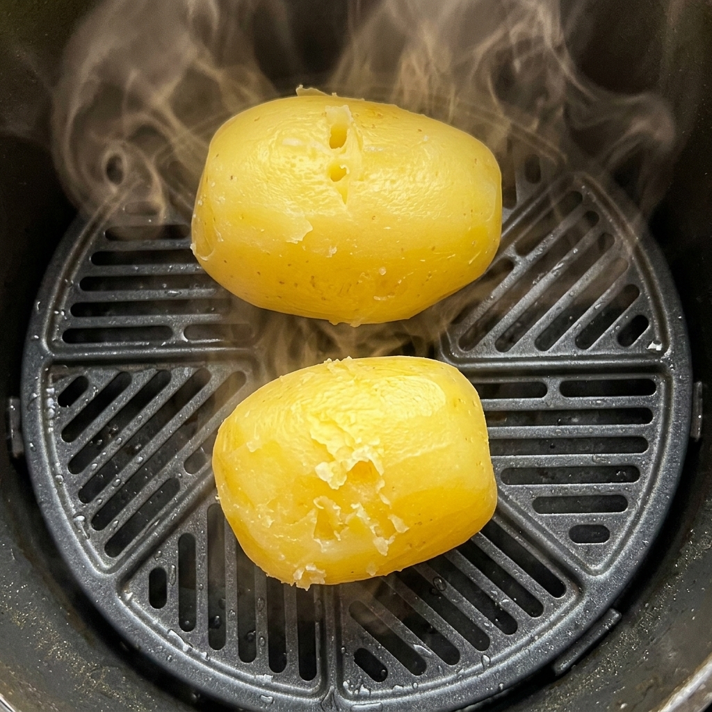 Two steamed potatoes sitting inside an air fryer basket surrounded by steam.