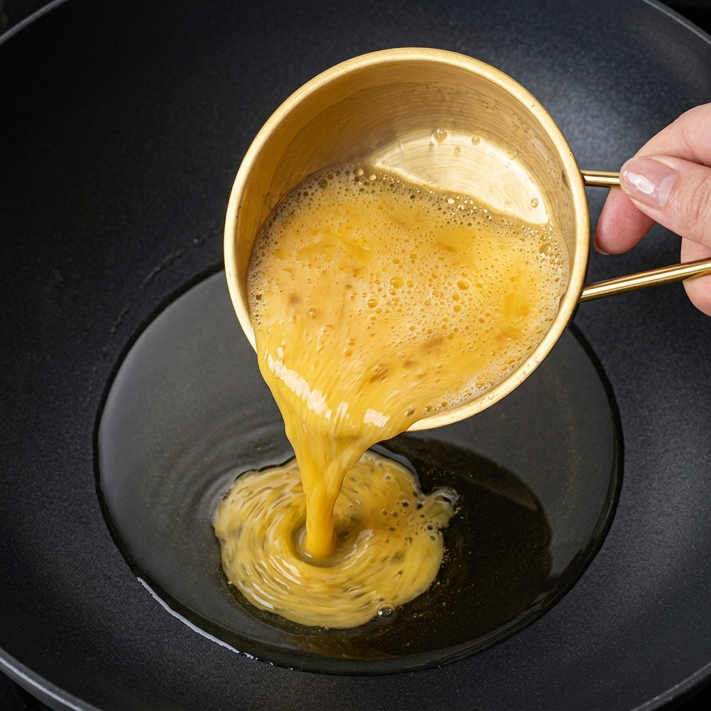 Liquid beaten eggs being poured from a small golden bowl into a hot oiled wok.