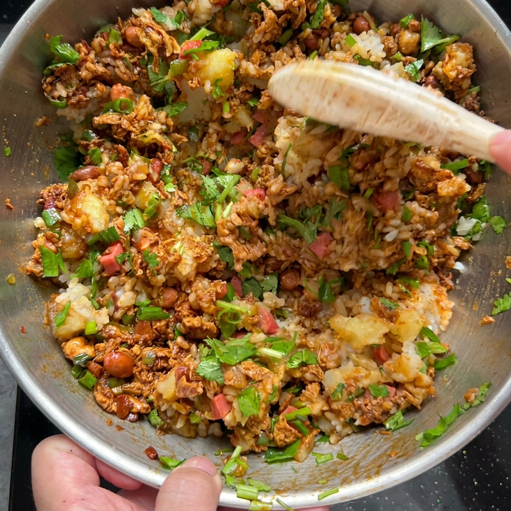 The seasoned rice and potato mixture being spooned back into baked potato skins.
