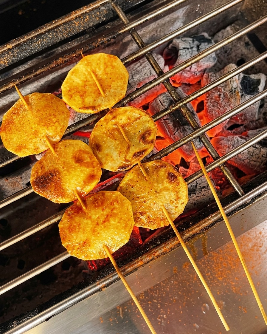 Oiled and golden-brown potato slices being sprinkled with red chili powder on the grill.