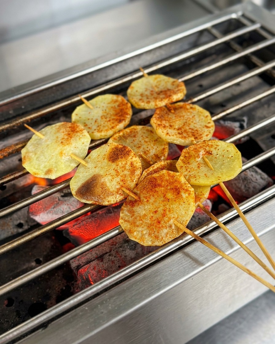 Seasoned grilled potato slices being garnished with white sesame seeds.