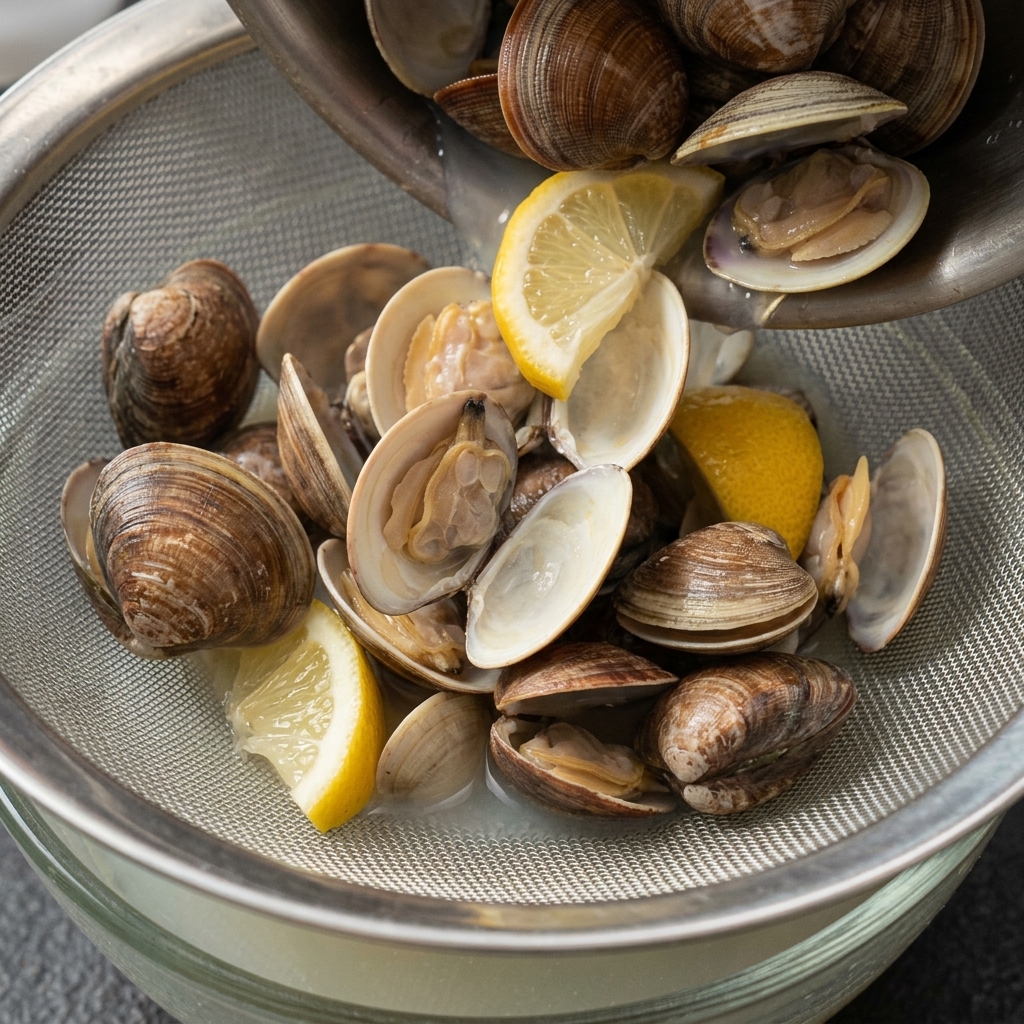 A strainer placed over a glass bowl catching filtered clam broth while opened clam shells and meat are separated.