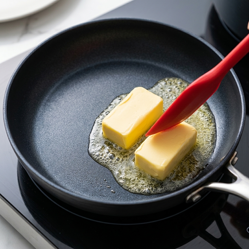 Blocks of butter melting in a skillet with a red silicone spatula mixing the bubbling fats.