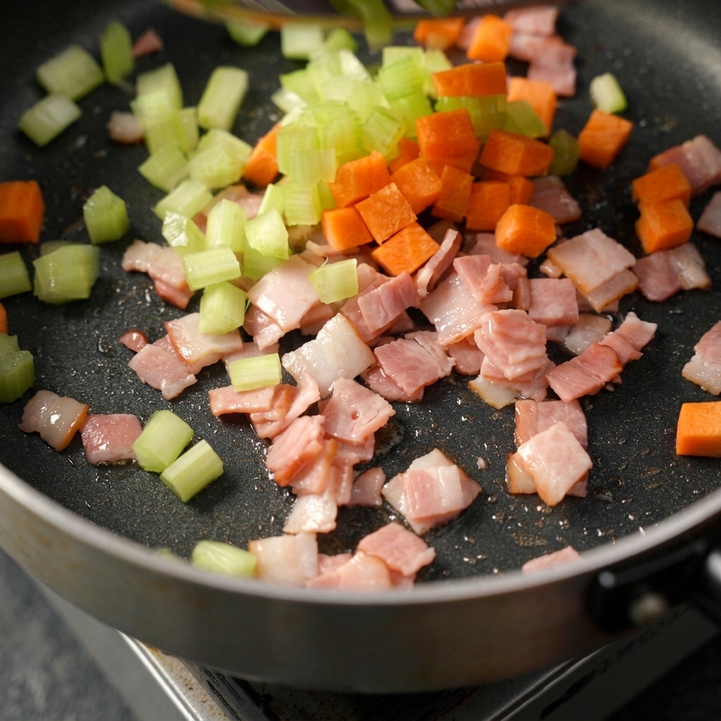 Clam broth and cooked flour mixture being poured into the pan with vegetables and stirred together.