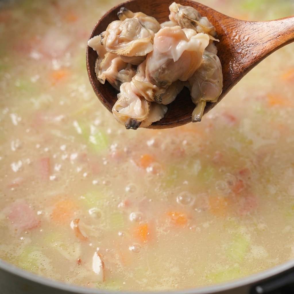 Clam meat being lifted on a wooden spoon over a pot of bubbling, creamy chowder base.