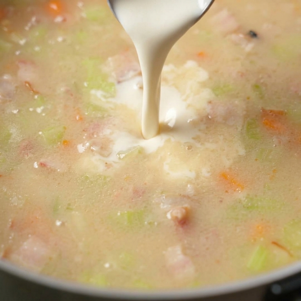 Whipping cream being poured from a spoon into a pot of creamy soup with celery and bacon pieces.