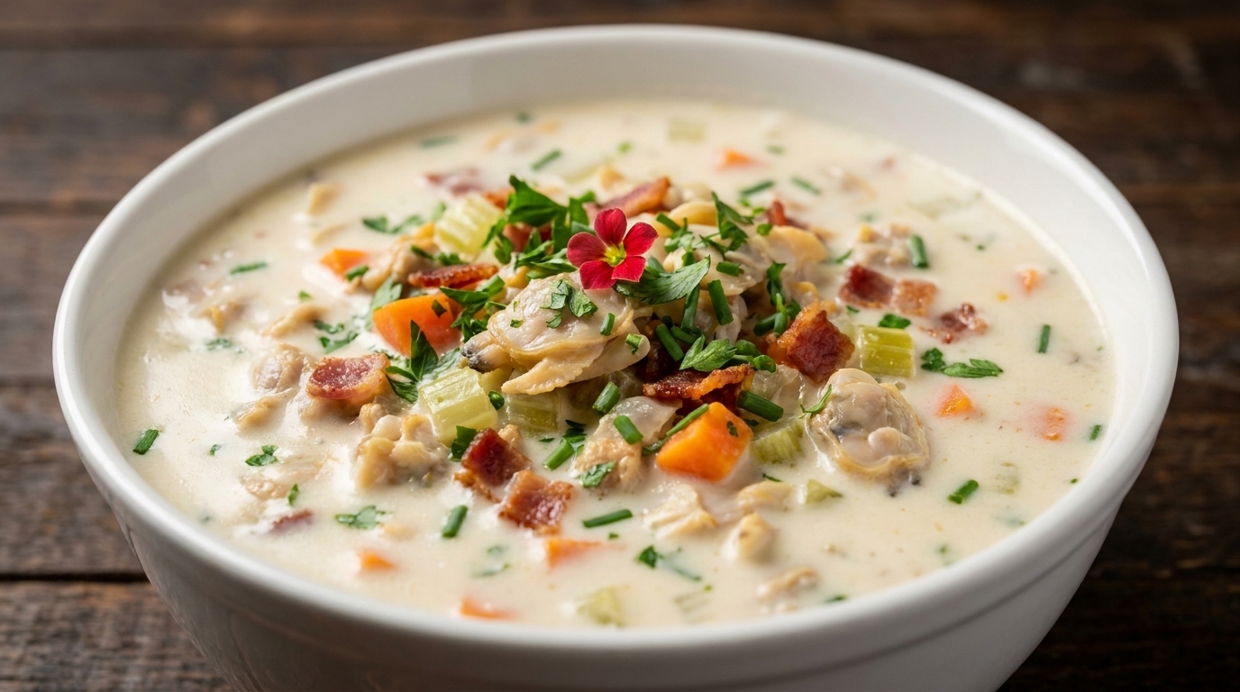 A warm bowl of classic New England clam chowder garnished with crispy bacon bits, fresh herbs, and an edible red flower.
