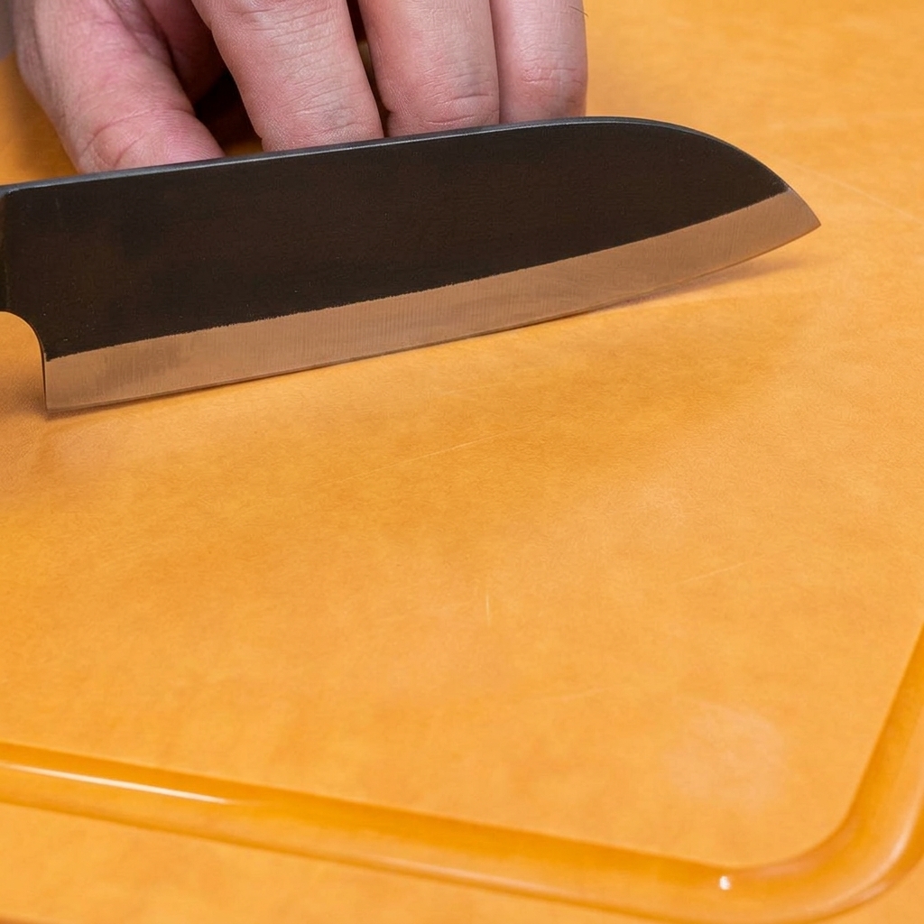 A kitchen knife cutting fresh ginger into thin shreds on an orange cutting board.