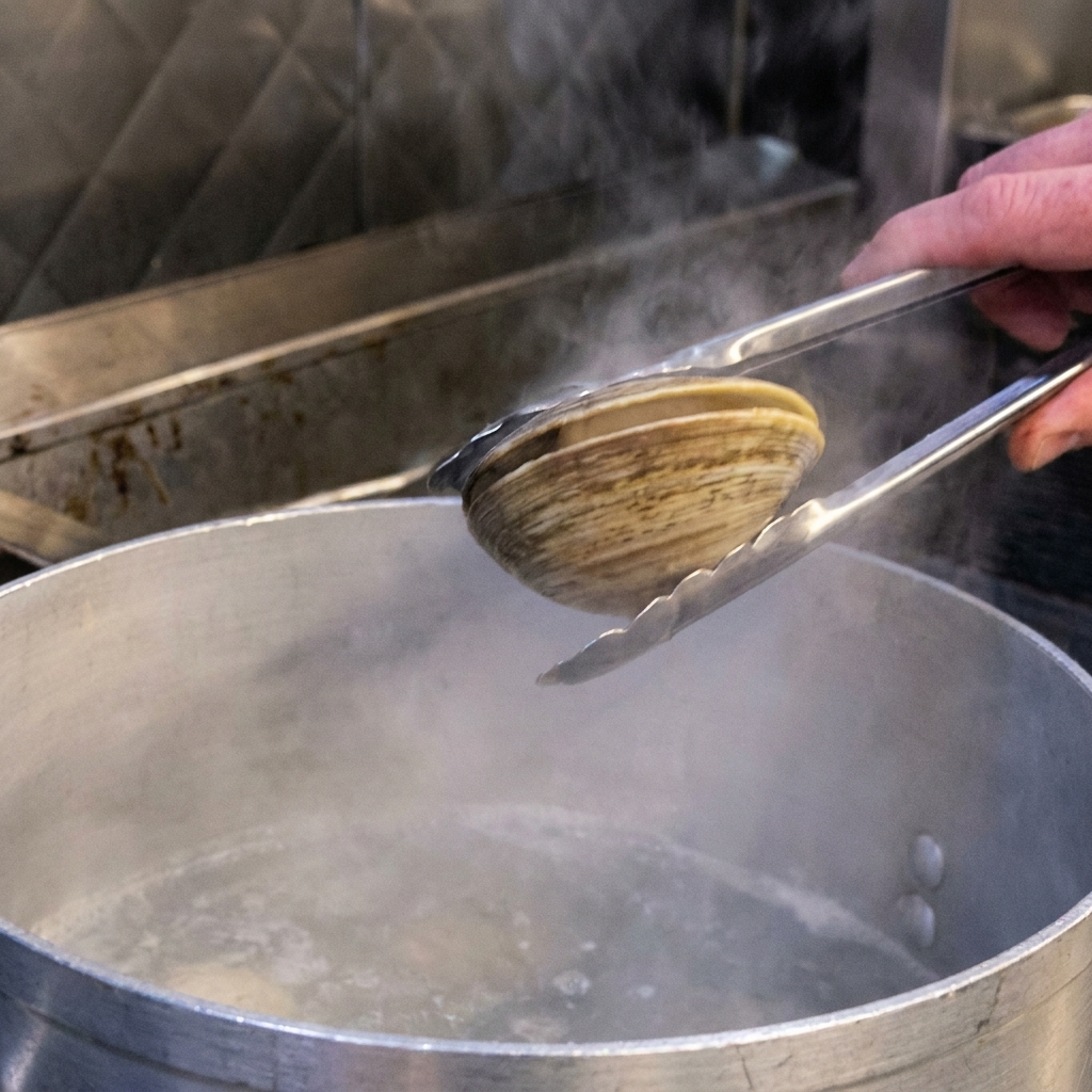 Tongs lifting a freshly opened clam over a large aluminum pot of steaming water.