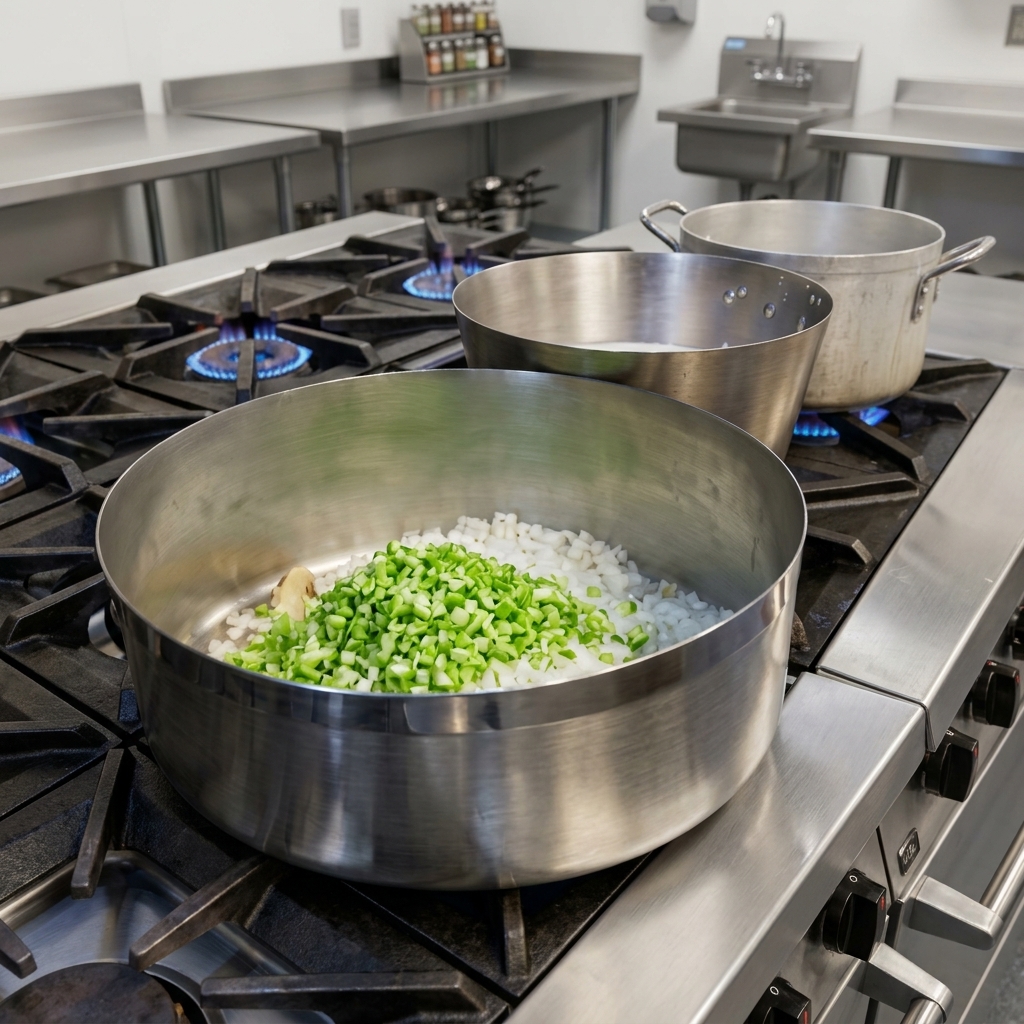A large metal pot on a gas stove filled with diced white onions and green peppers ready to be stir-fried.