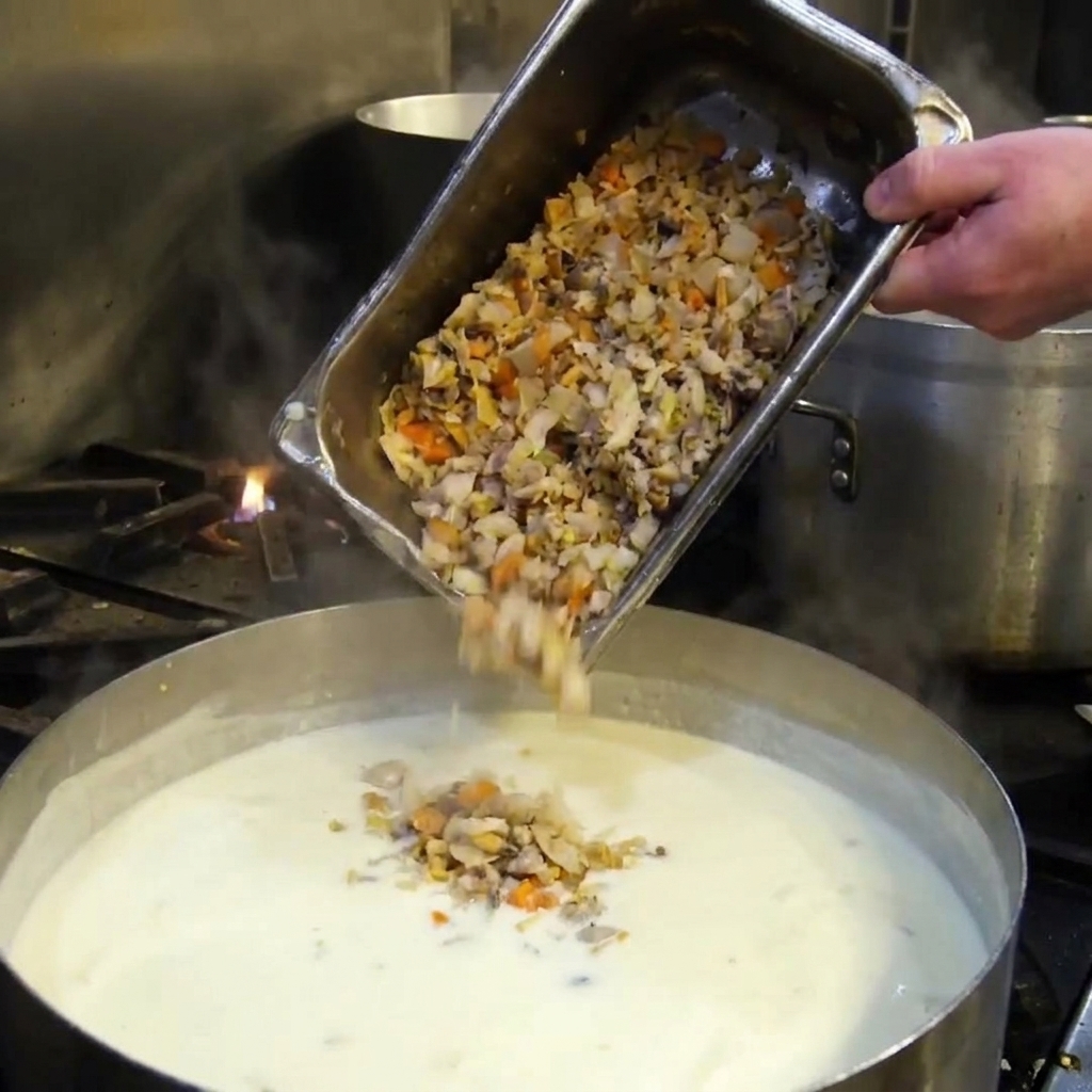 A metal tray being used to pour a mixture of chopped clams and vegetables into a large pot of simmering white cream soup.